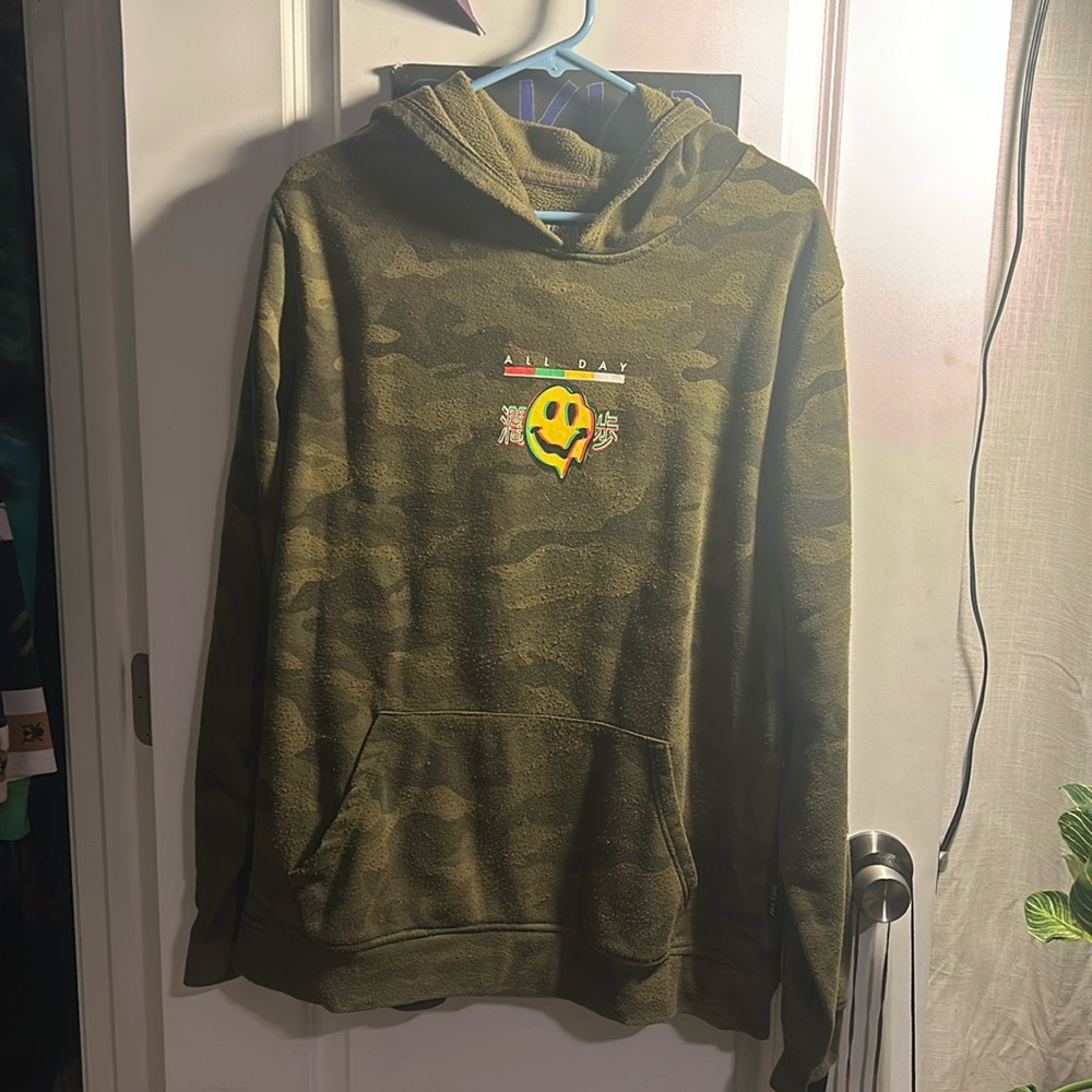 Green camo hoodie with funky graphics